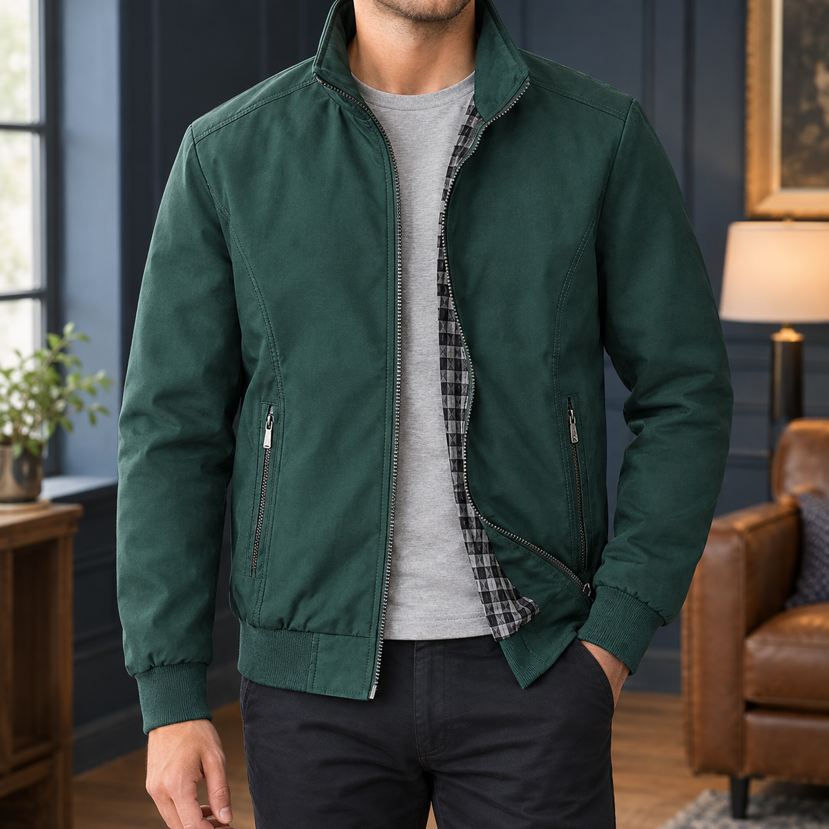 Stand Collar Zip Front Woven Jacket