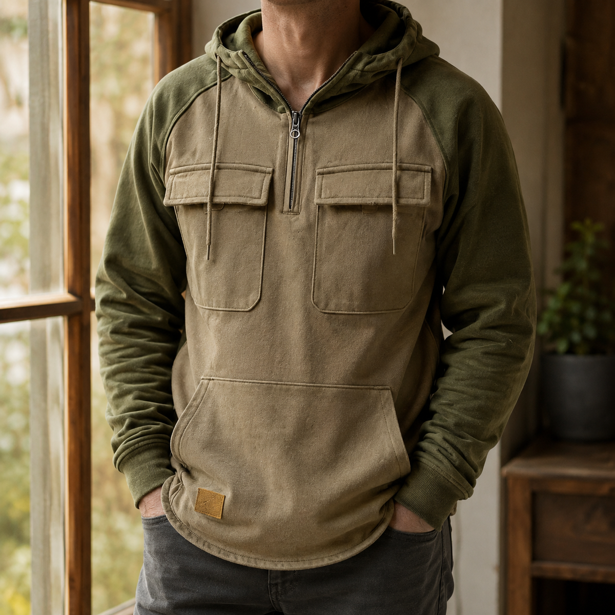 Gray cotton blend utility hoodie shown from the front