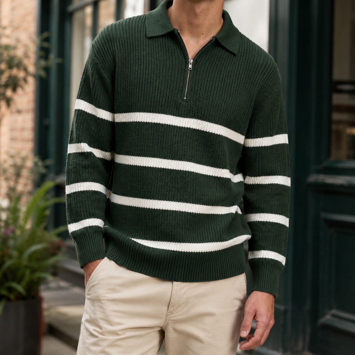 Men's ribbed half zip collared sweater shown from the front