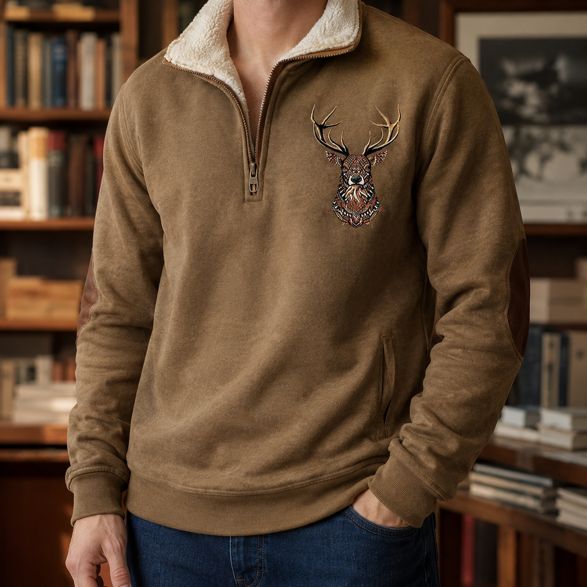 Men's quarter zip knit sweater with a deer motif on the front