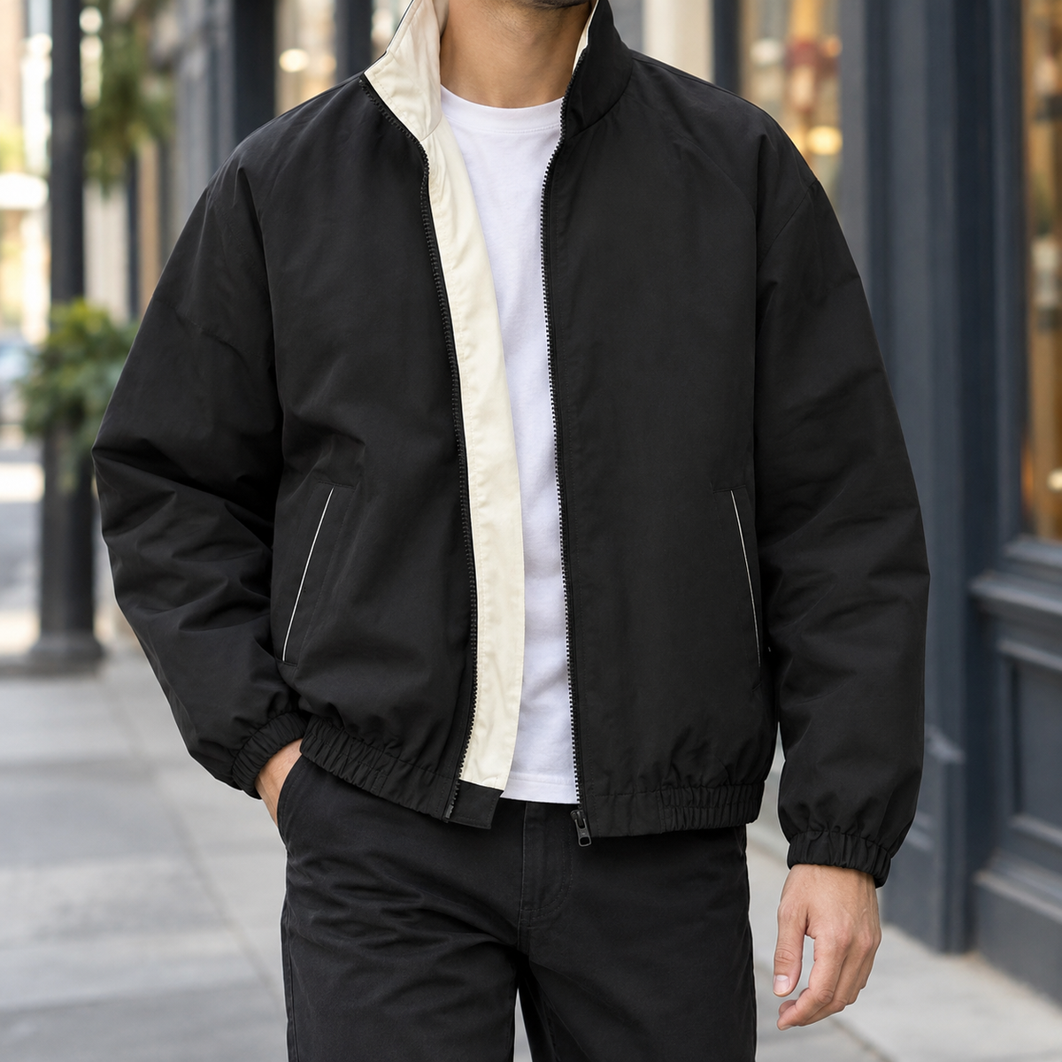 Relaxed woven jacket with a contrast collar shown from the front