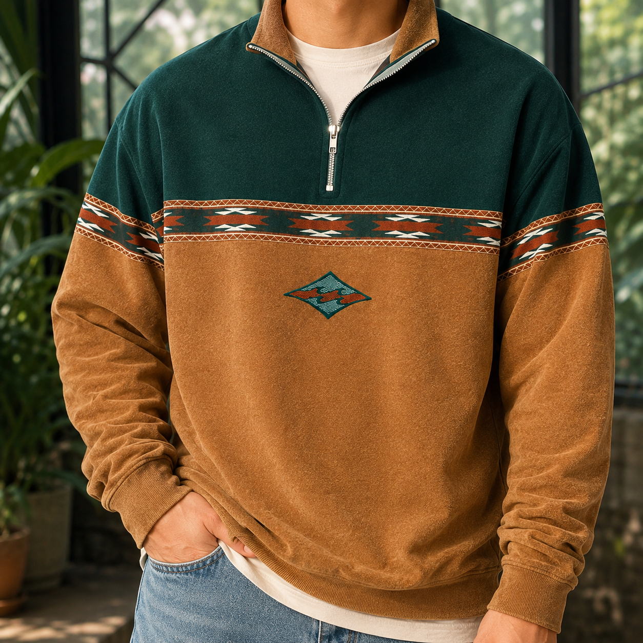 Quarter Zip Knit Sweater With Geometric Chest Bands