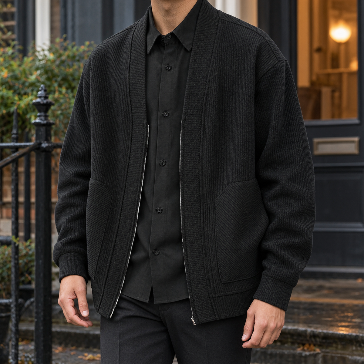 Women's ribbed knit jacket with a full zip front