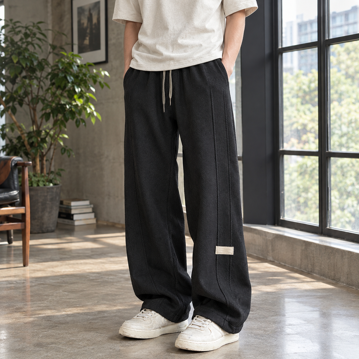 Textured cotton blend wide leg pants shown from the front