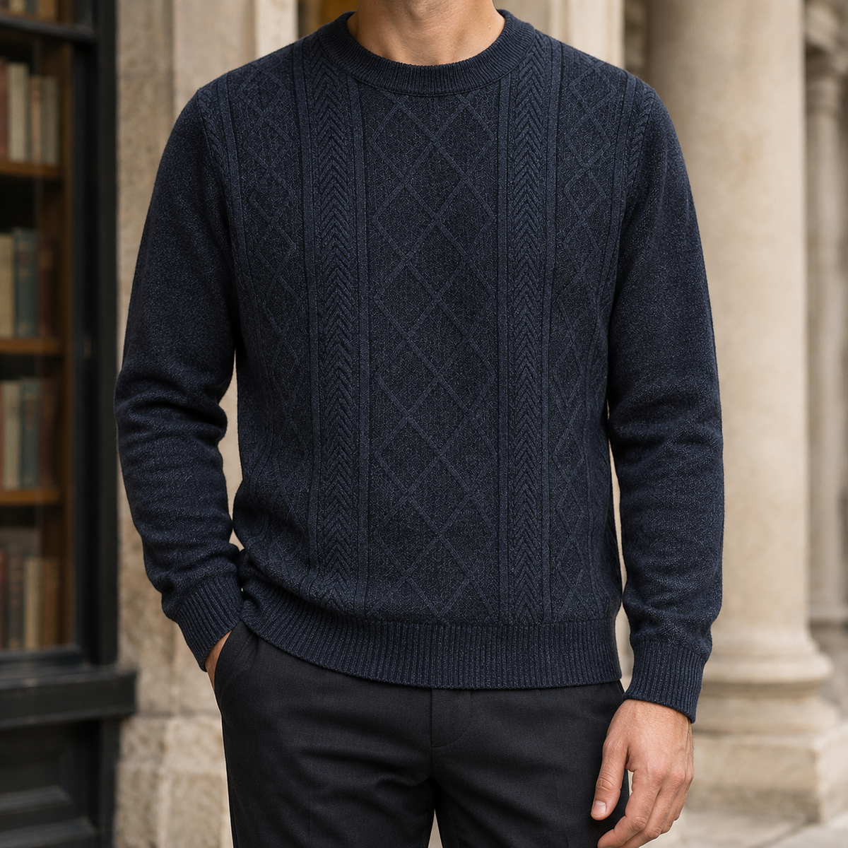 Textured knit crew neck sweater shown from the front