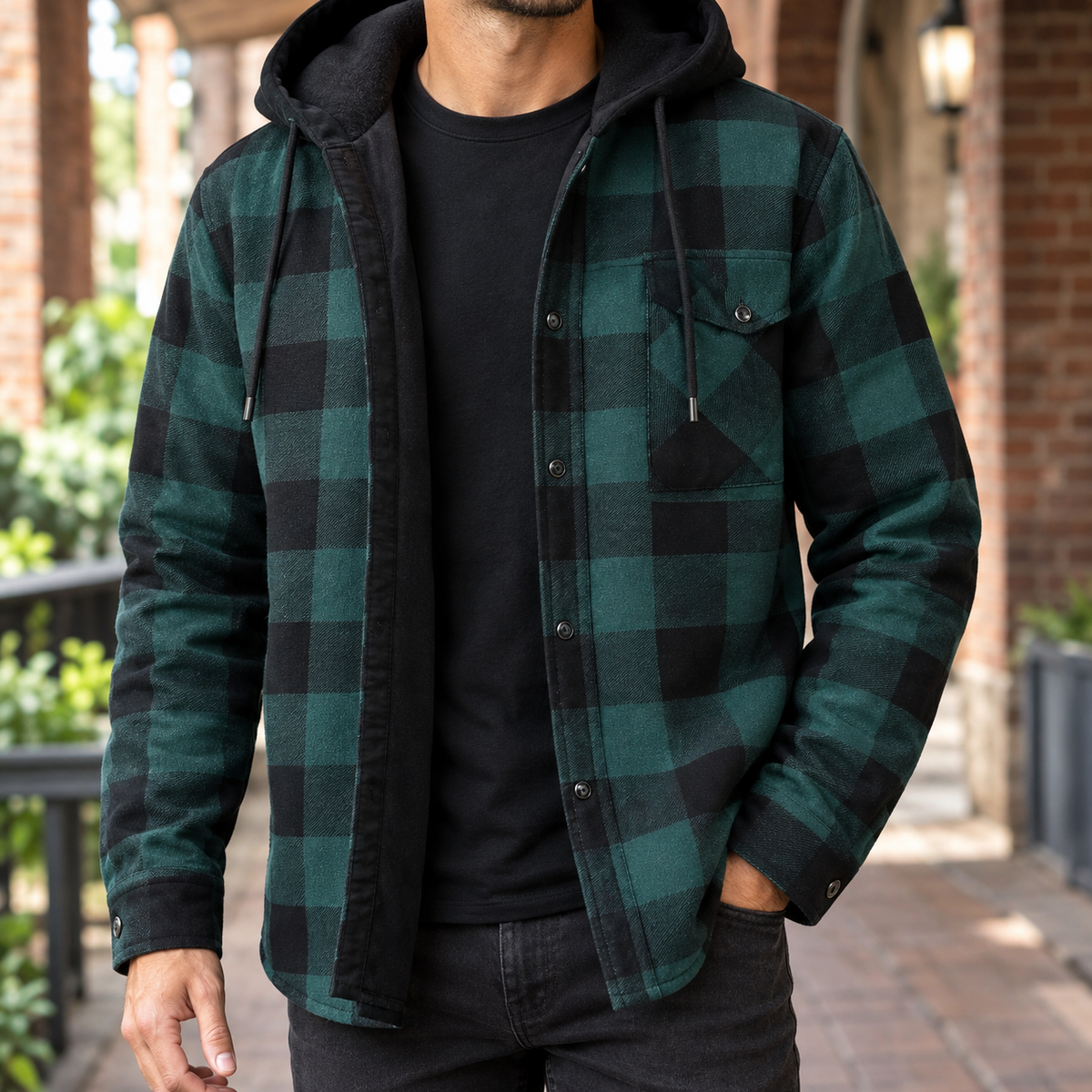 Front view of a men's plaid denim hooded shirt jacket