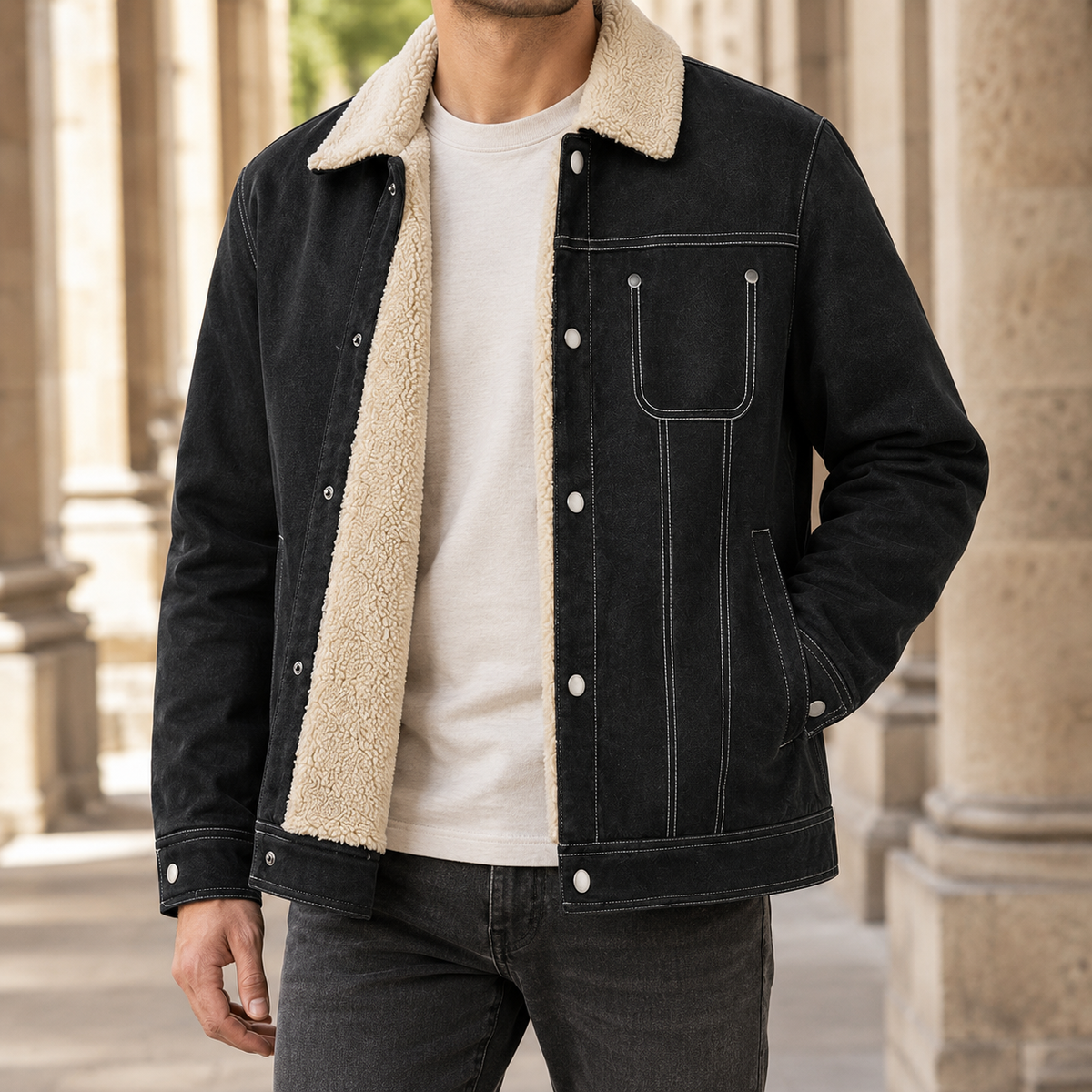 Fleece-lined snap-front jacket shown from the front