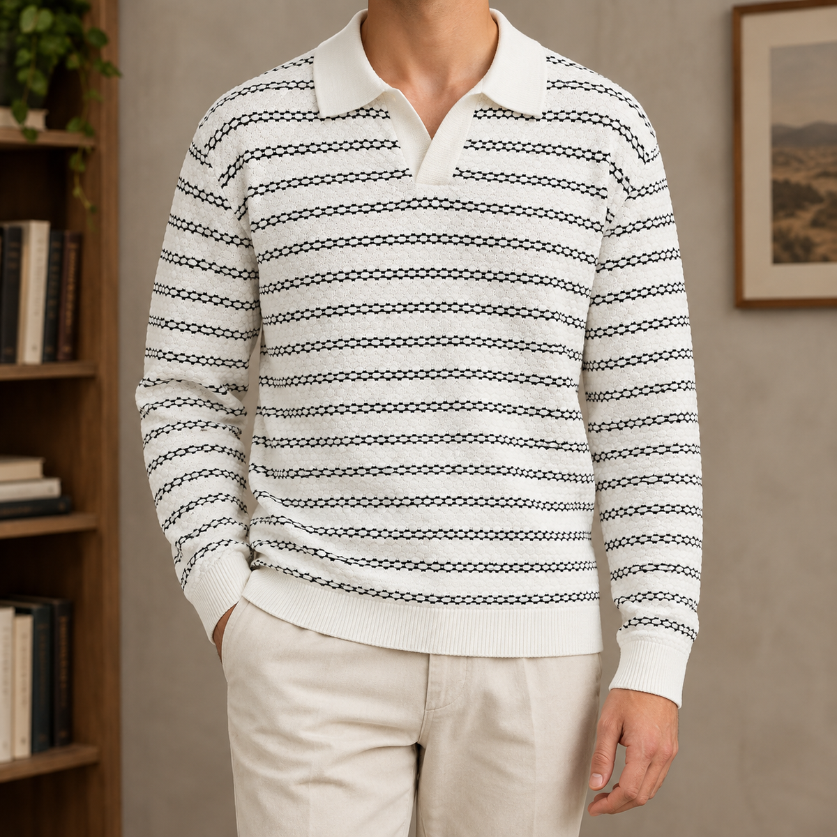 Front view of a men's linen blend open collar knit polo shirt