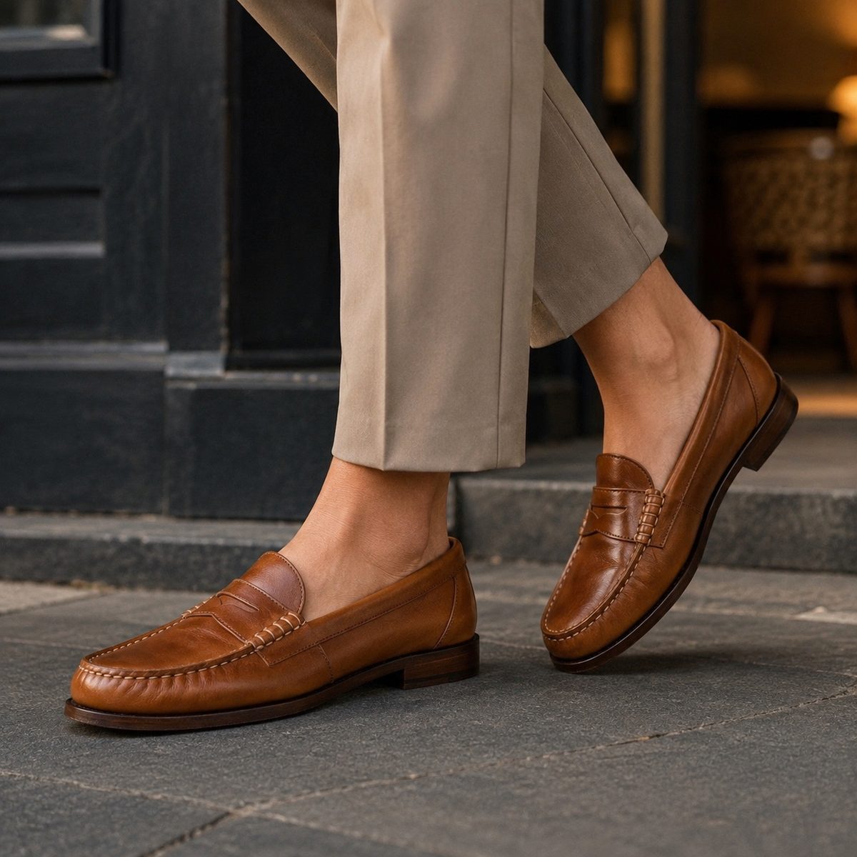 Leather Penny Loafers With Low Stacked Heels