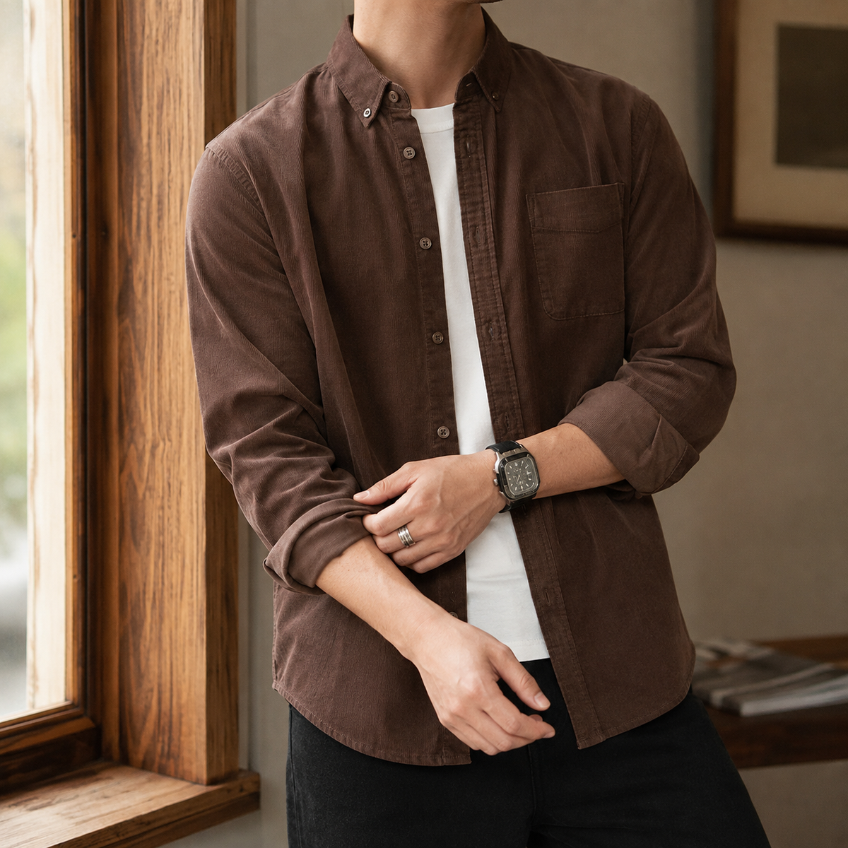 Front view of the textured woven relaxed overshirt for men