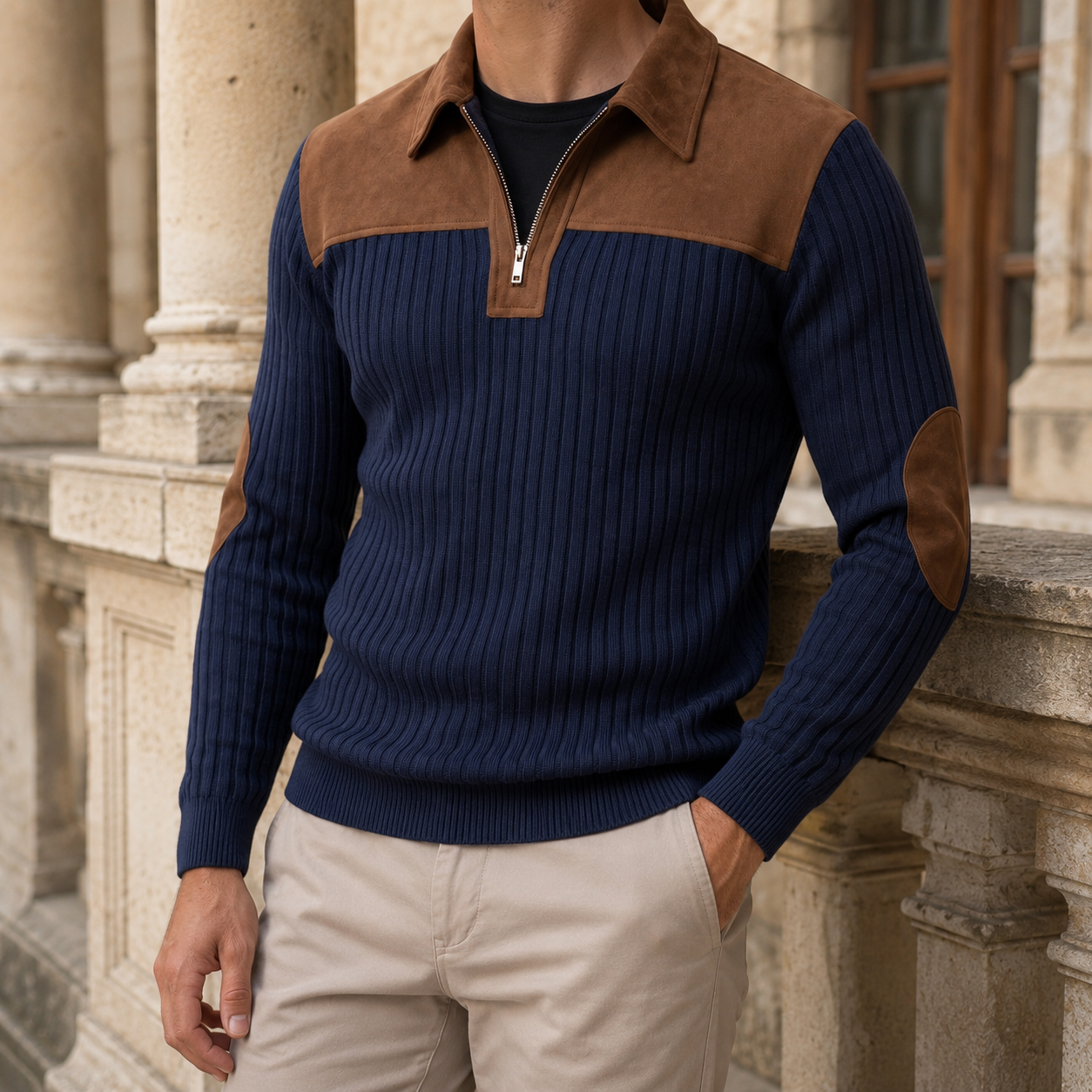 Quarter-zip ribbed knit sweater shown from the front