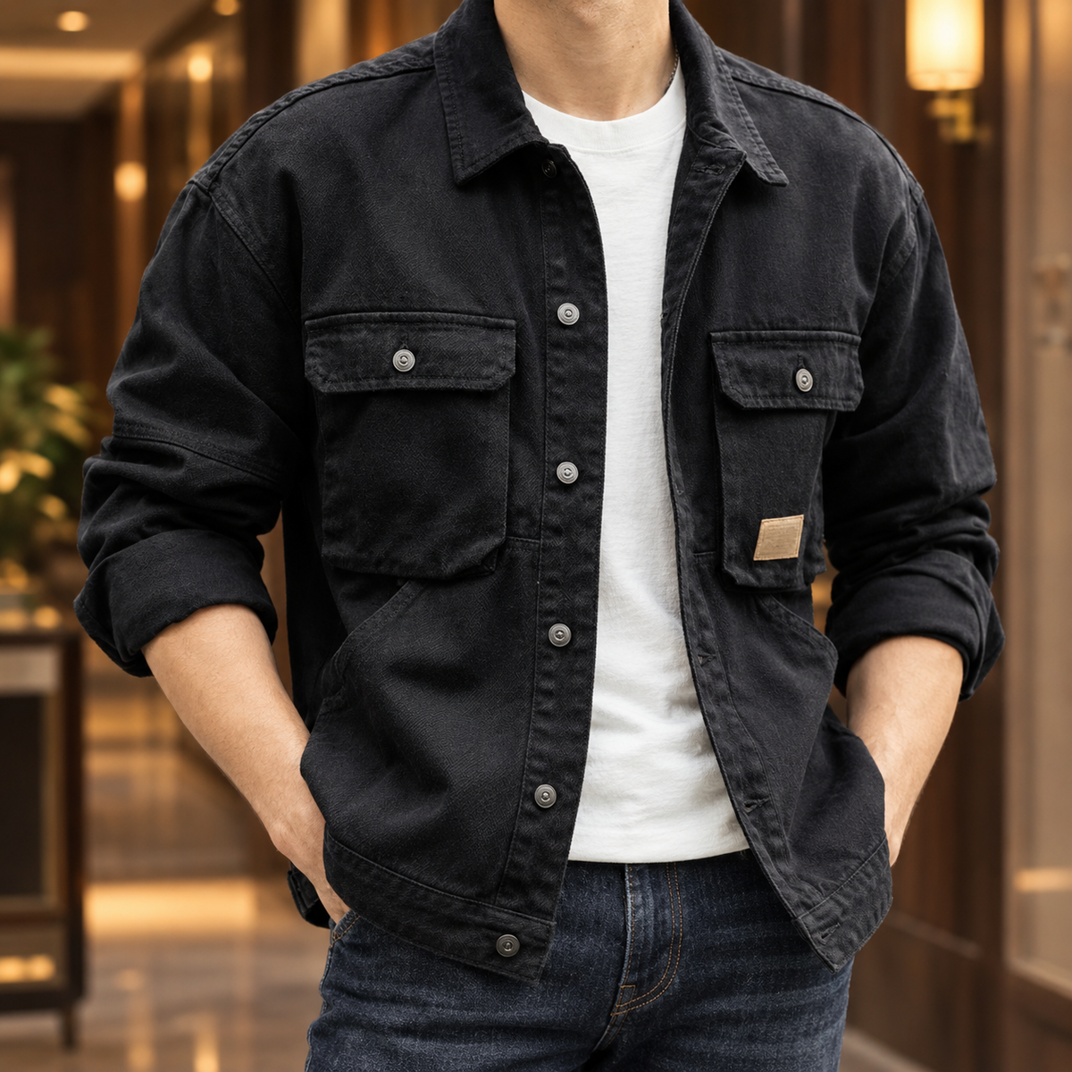 Utility denim jacket shown from the front with four patch pockets and a relaxed fit