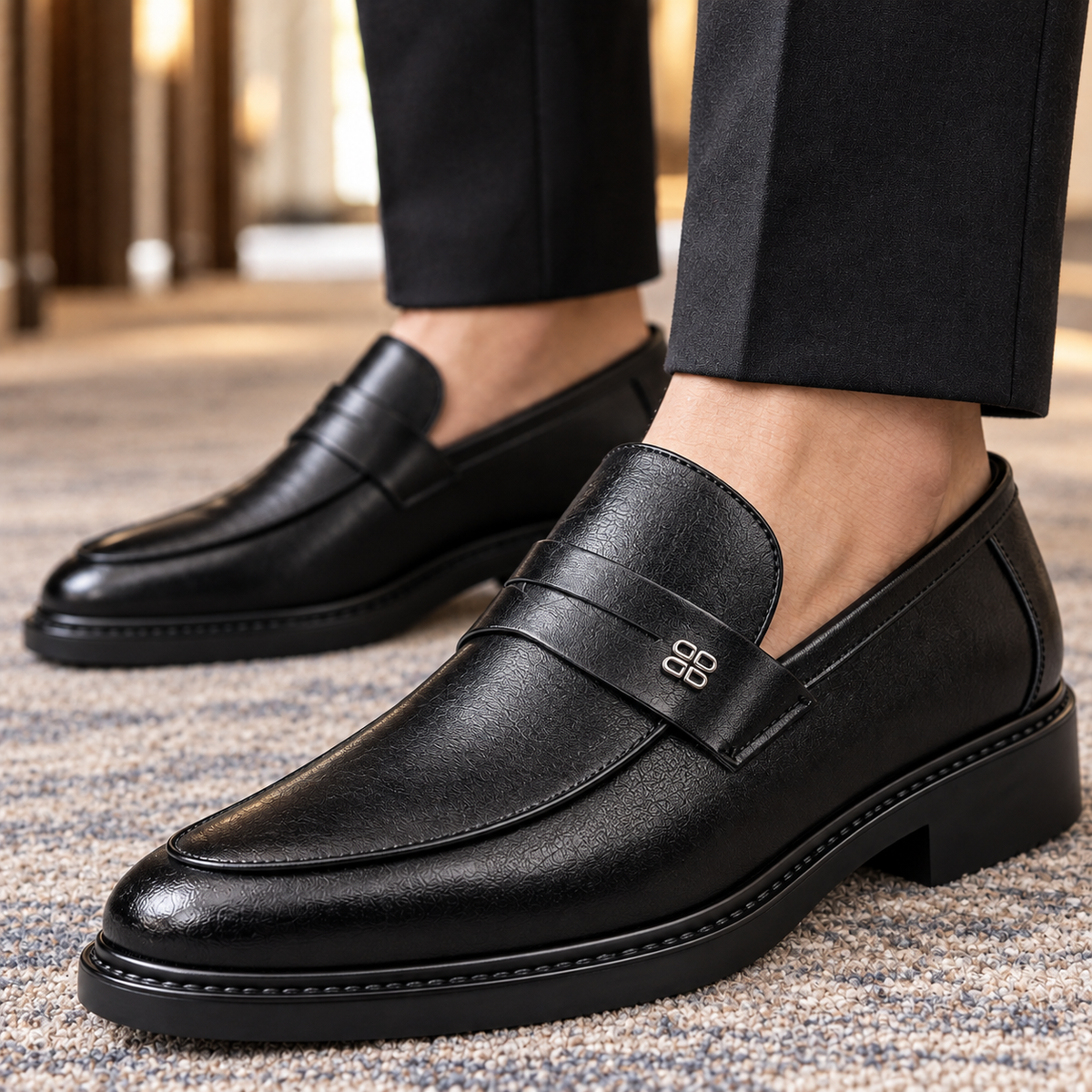 Close-up of the leather apron-toe detail on a slip-on loafer