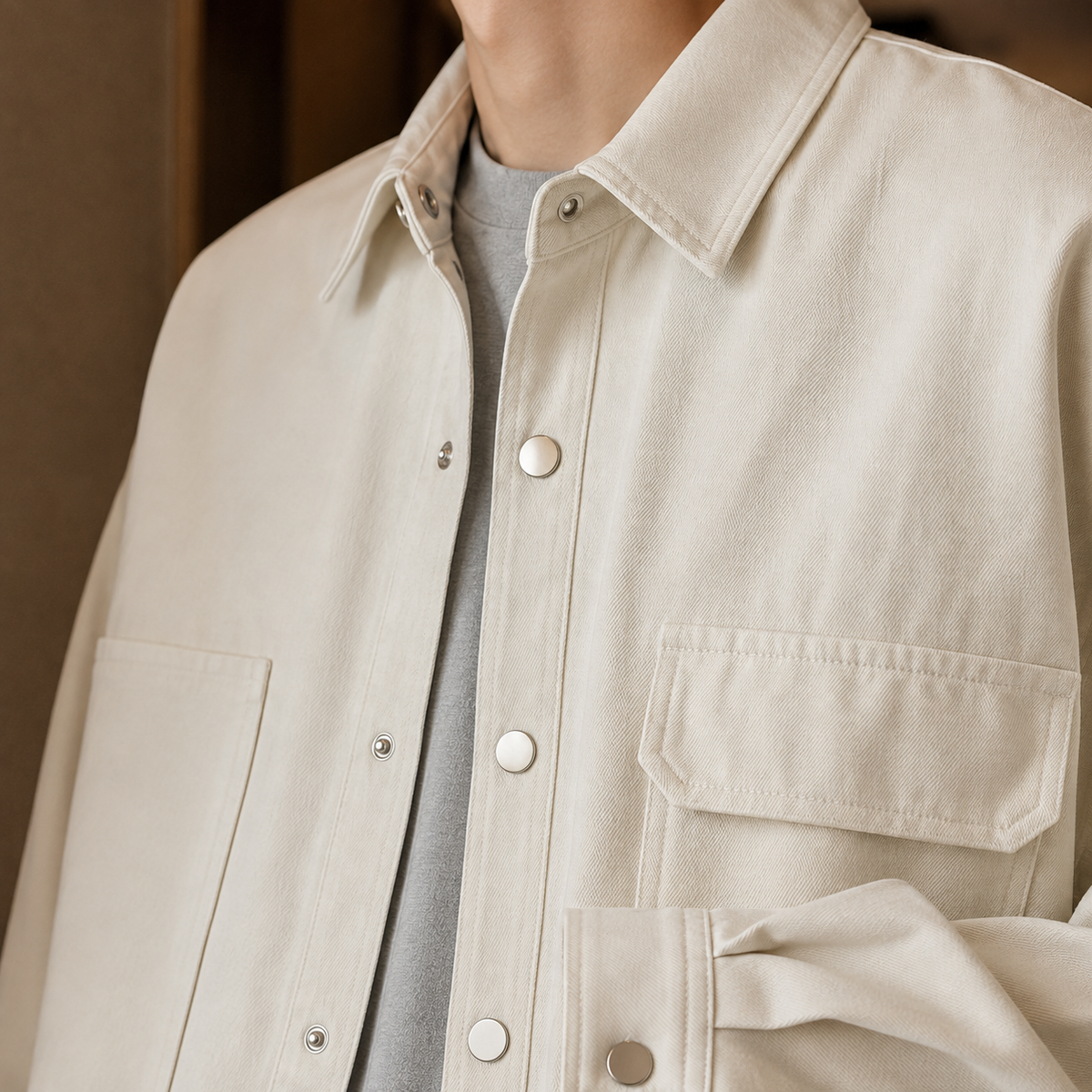 Front view of a men's cotton blend utility jacket with functional pockets