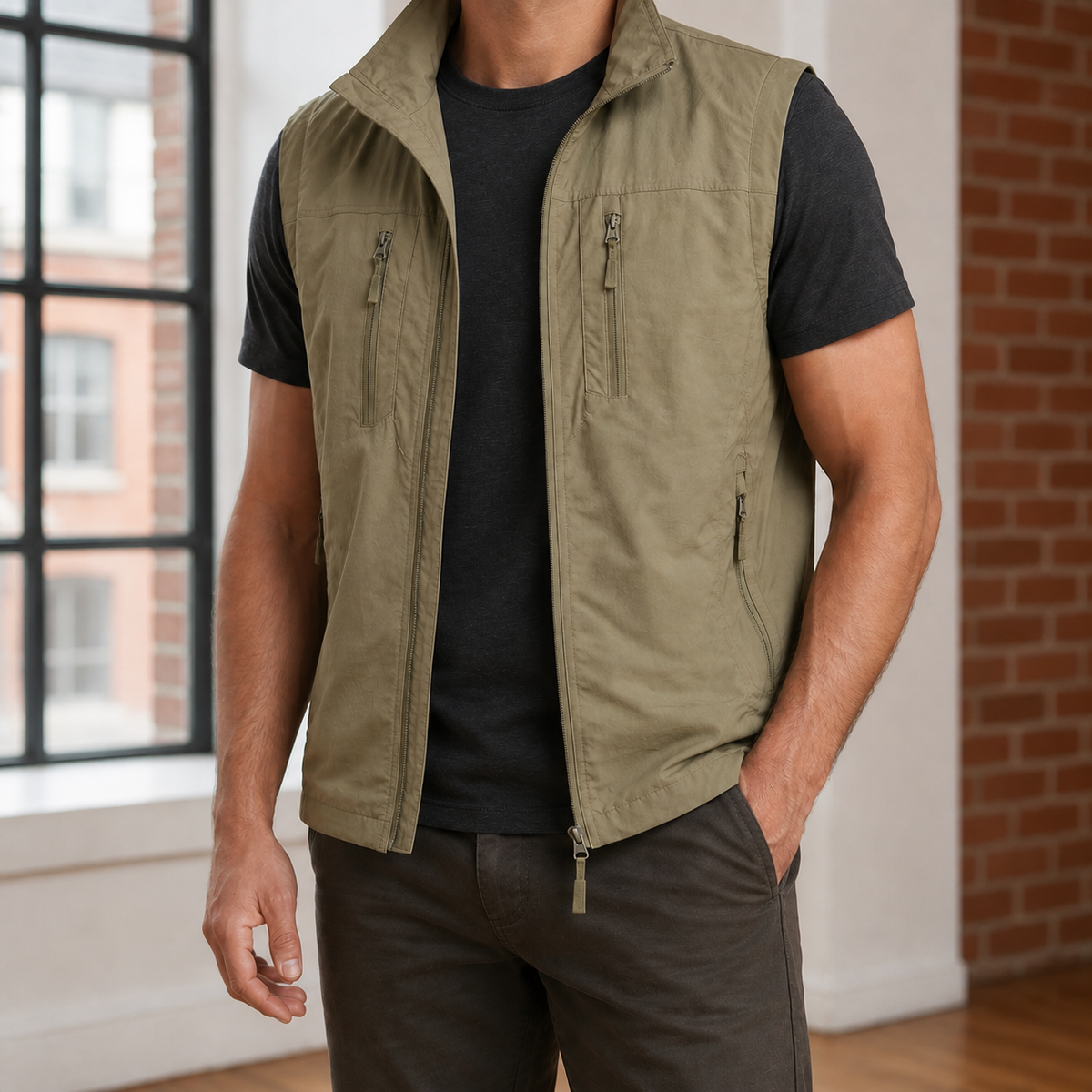 Women's woven utility vest displayed from the front with practical pockets