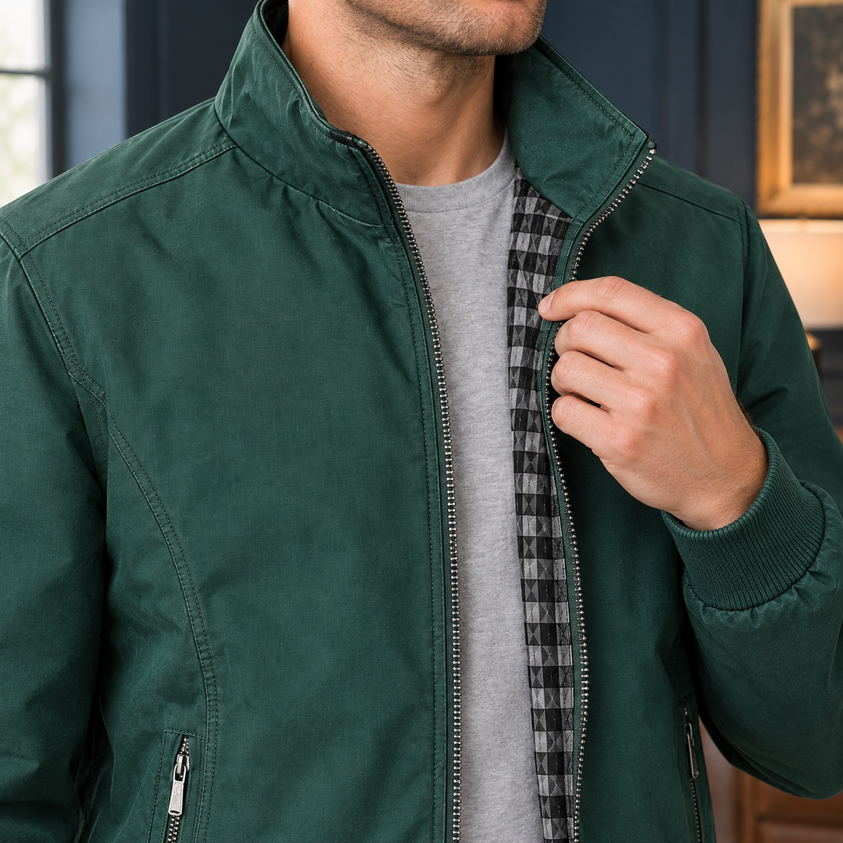 Front view of a men's zip front jacket with a stand collar