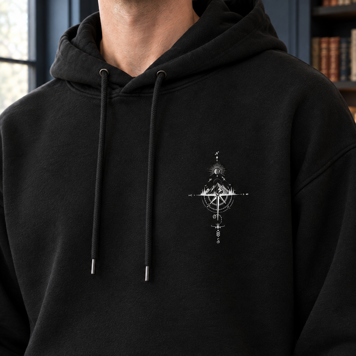 Close-up of the graphic design on a relaxed cotton blend hoodie