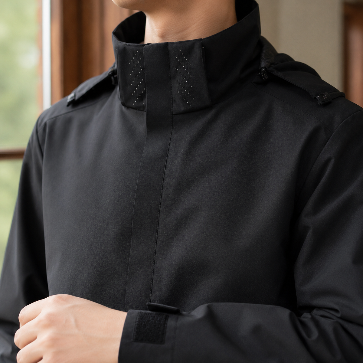 Close-up view of the hood and high collar on the woven jacket