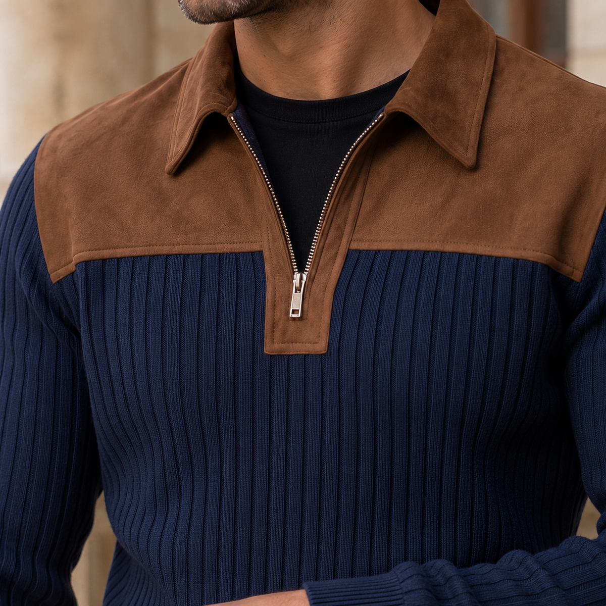 Close-up of the sweater's ribbed knit texture and quarter zipper