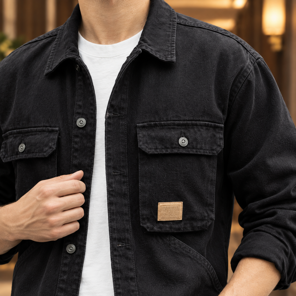 Relaxed-fit utility denim jacket displayed with its button-front closure