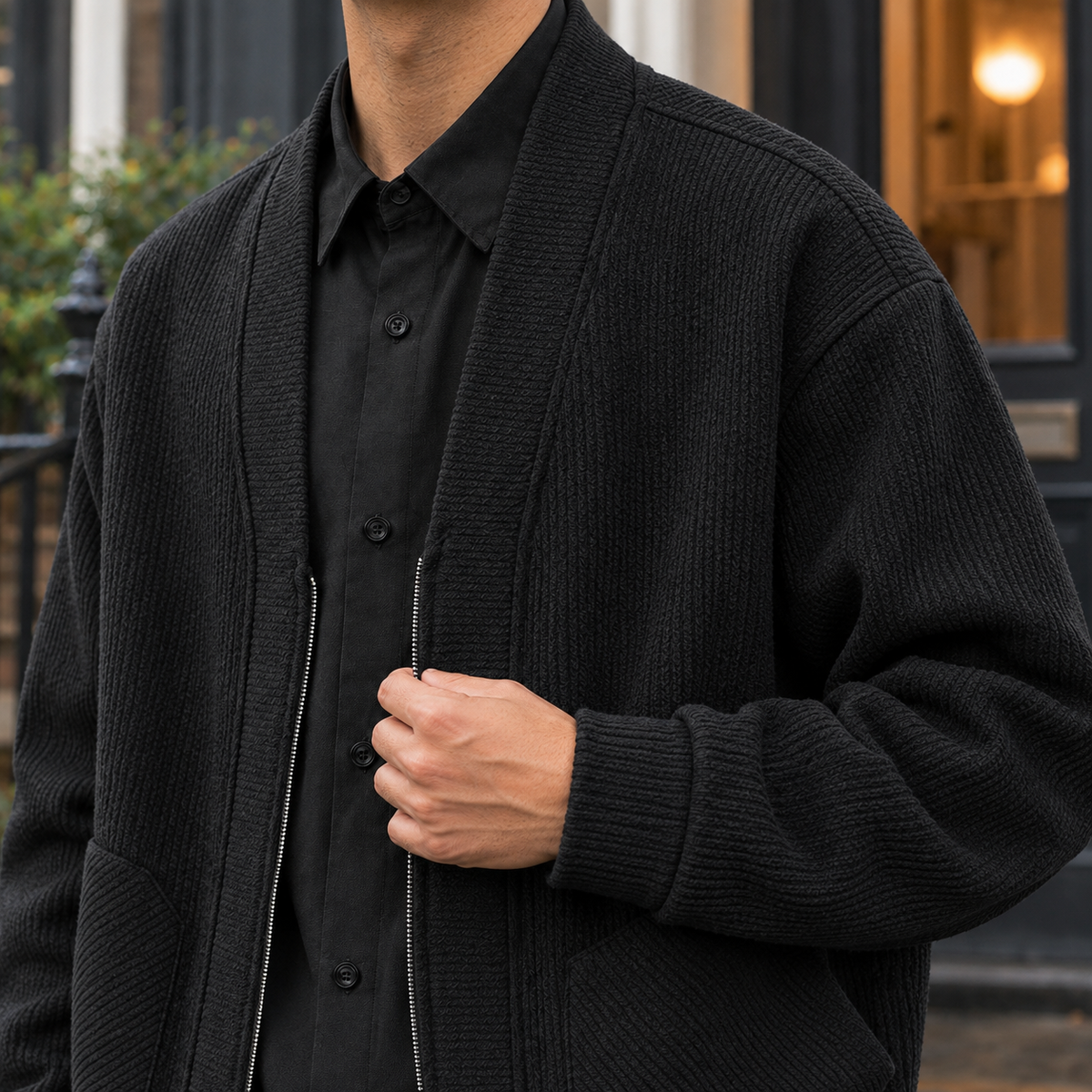 Close-up of the textured ribbed knit on a zip front jacket