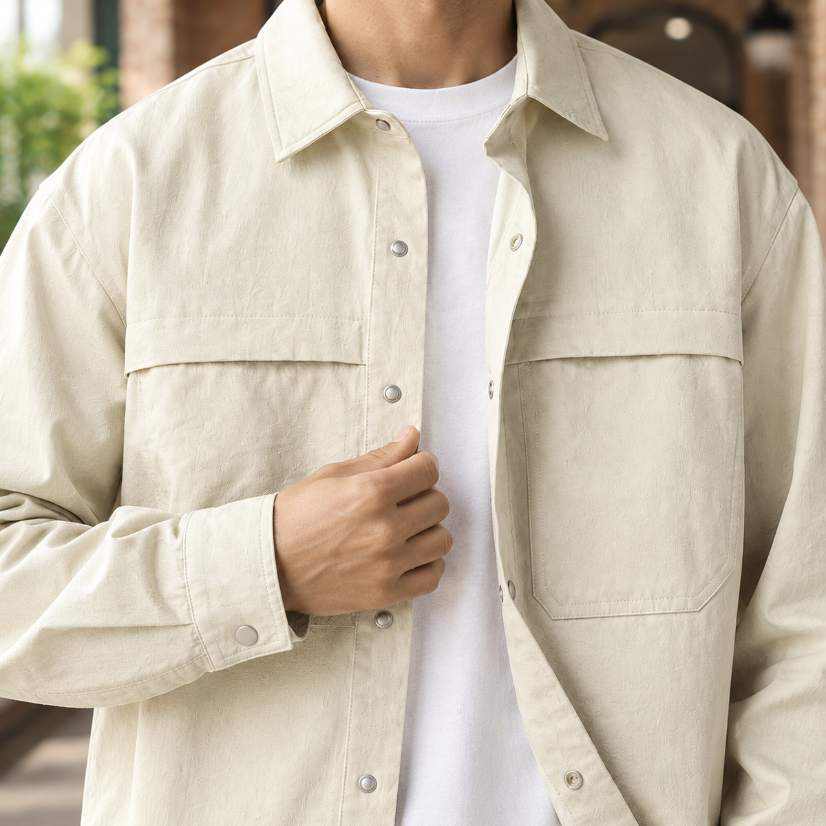 Men's utility overshirt showing the button-front closure and collar