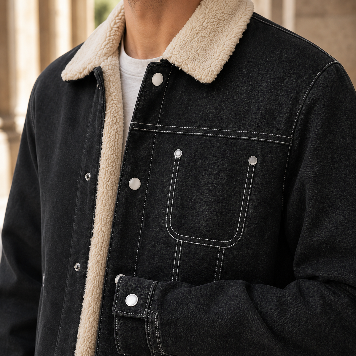 Close-up of the snap-front closure on a fleece-lined jacket