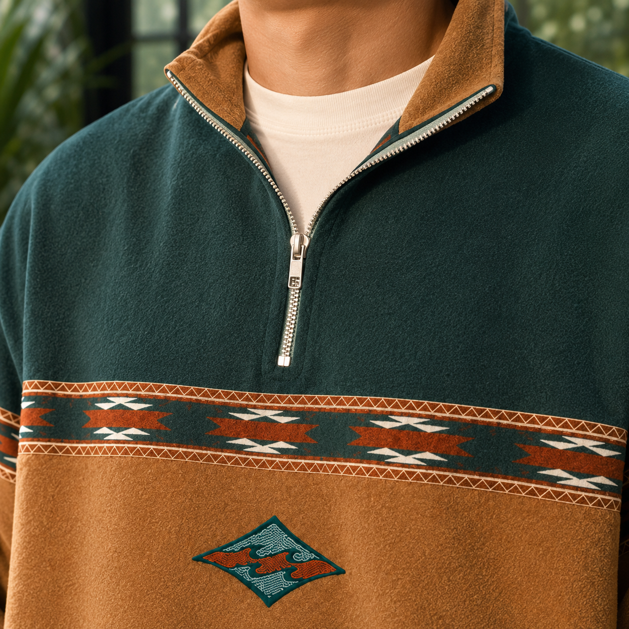 Front view of a men's knit sweater with a quarter-zip neckline