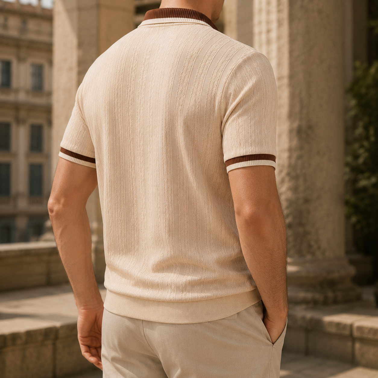 Textured half-zip polo shirt collar and zip neckline