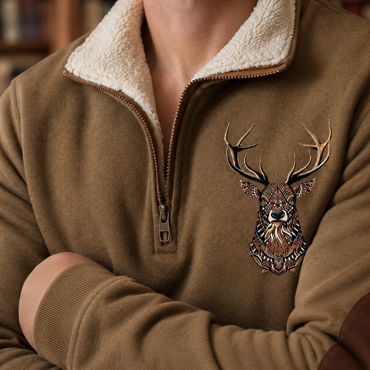 Close-up of the quarter zip collar and knit texture on the men's sweater
