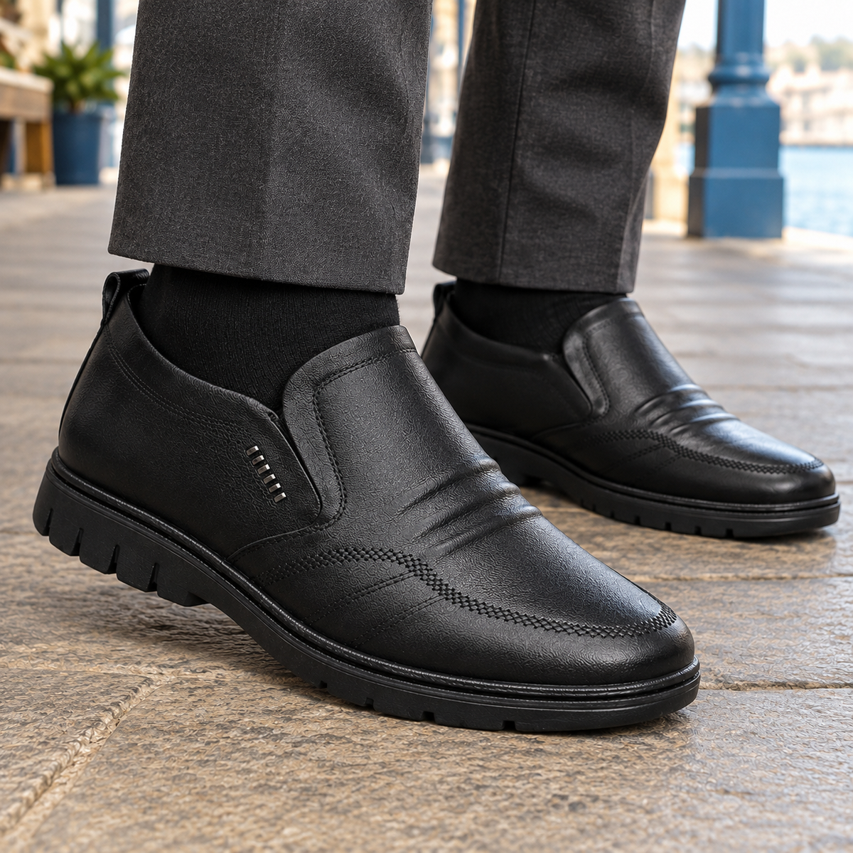 Side view of leather loafers showing the slip-on design