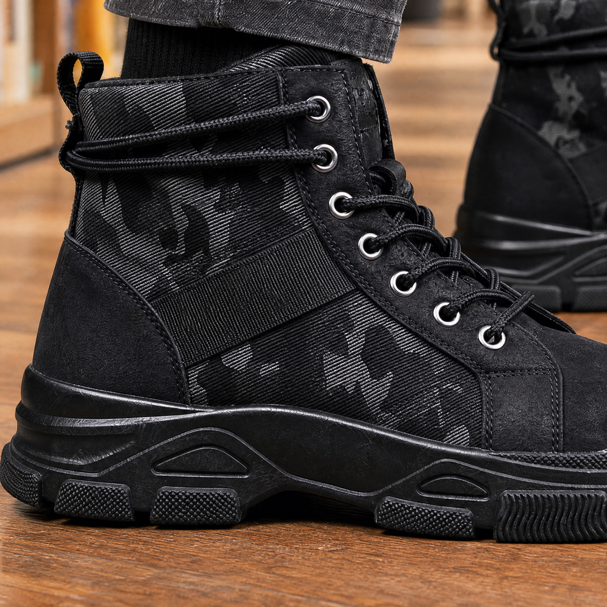 Side view of camouflage combat boots with secure lace up closures
