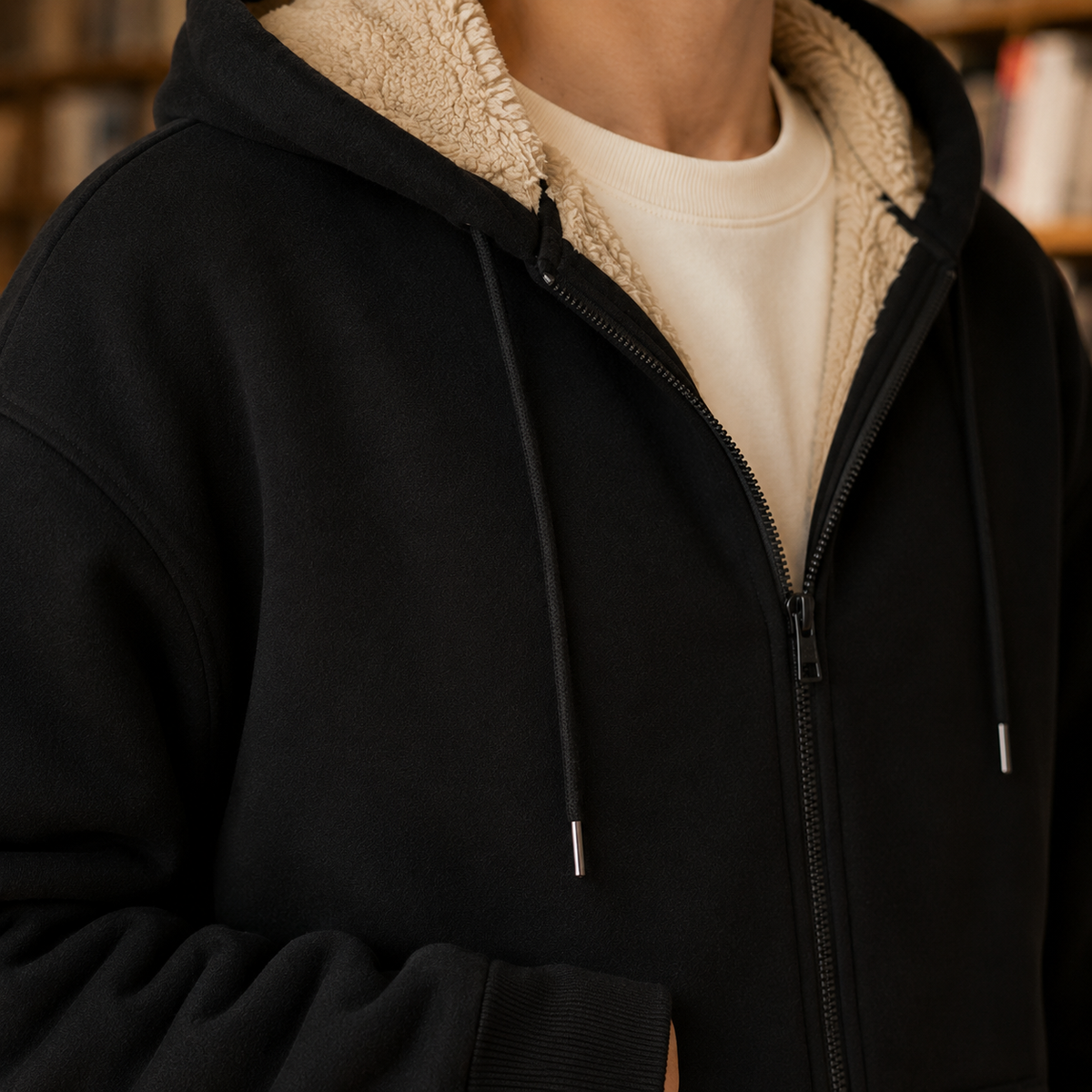 Close-up of the soft sherpa lining inside a full-zip hoodie