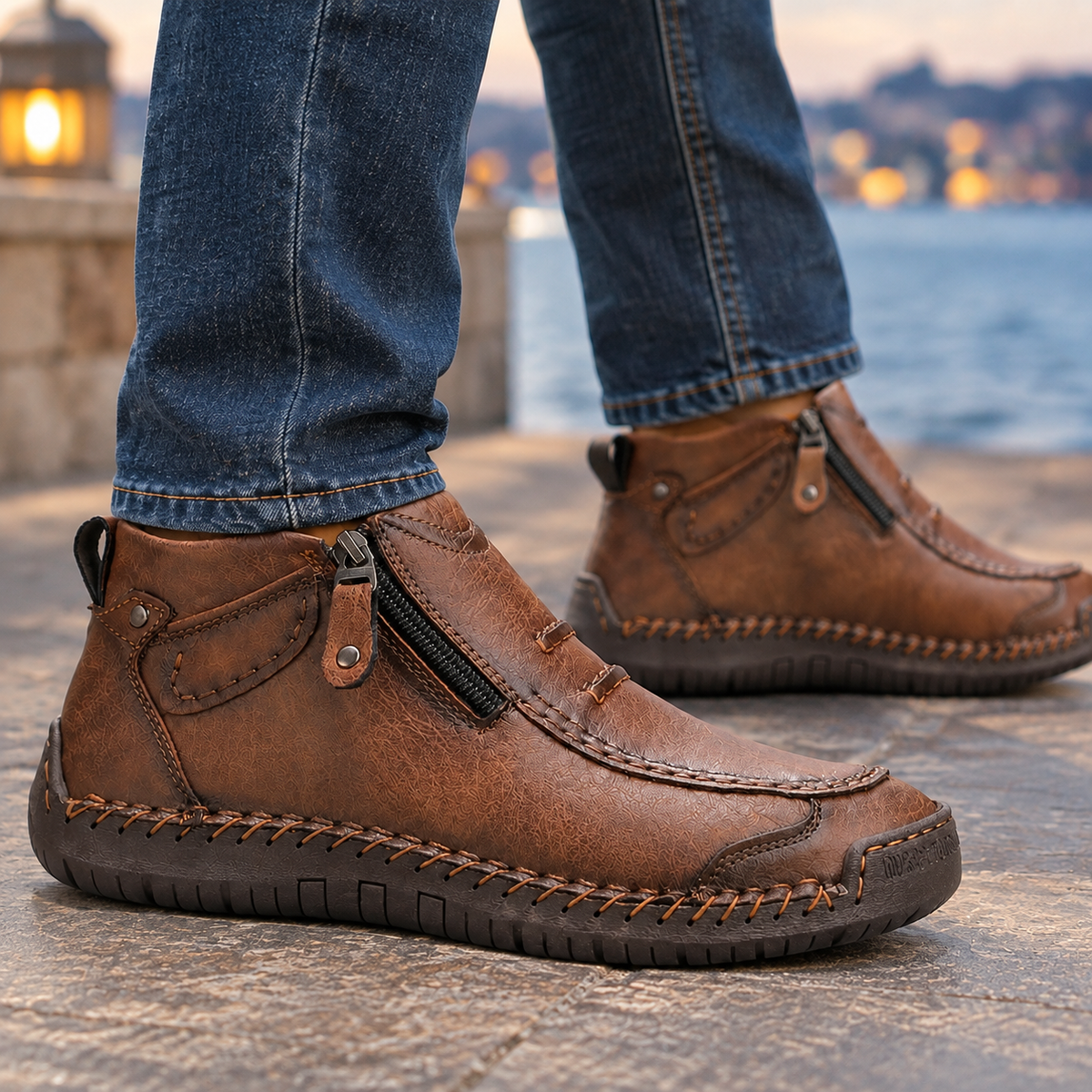 Close-up of textured leather-look ankle boot with side zipper