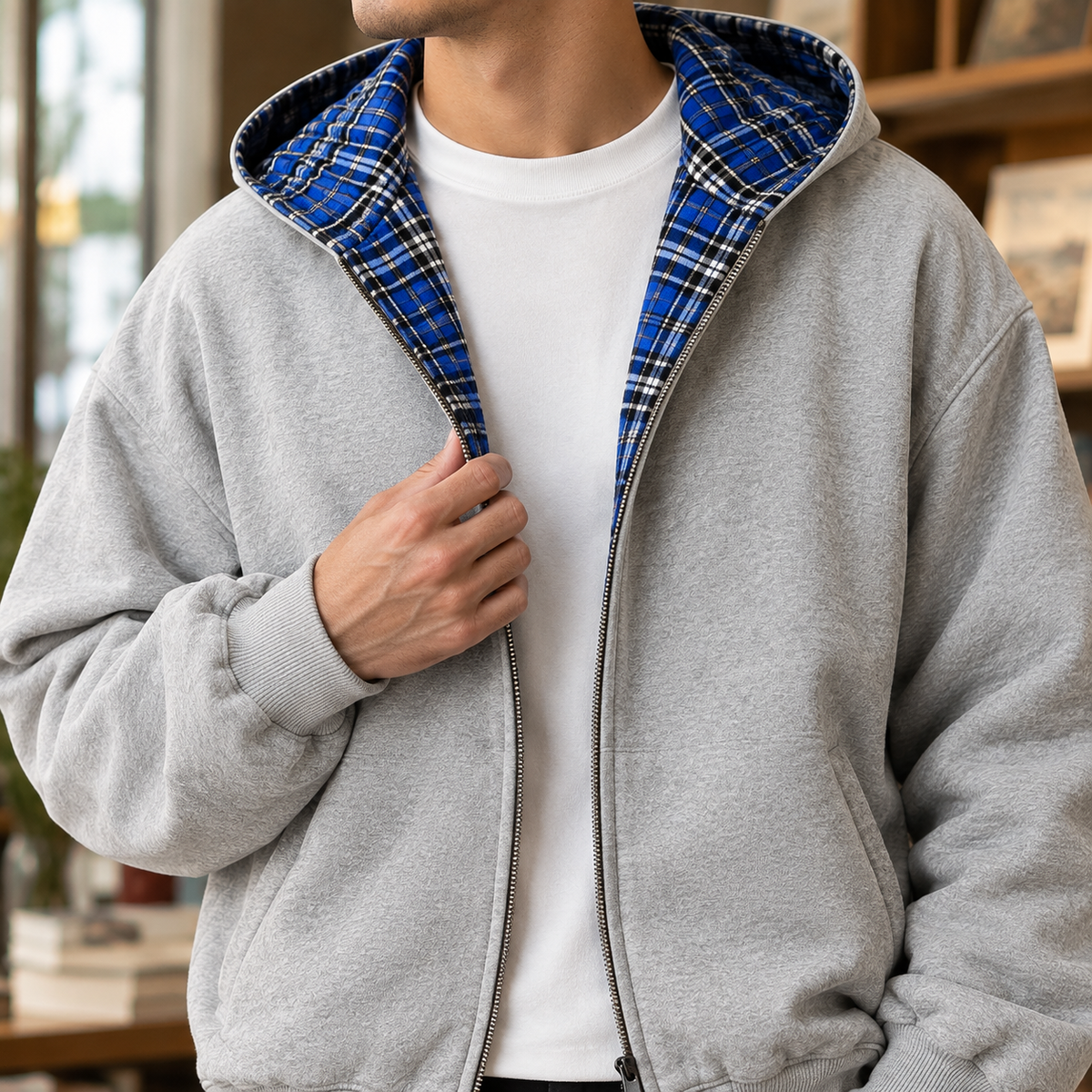 Reversible plaid hooded jacket showing its hood and front closure