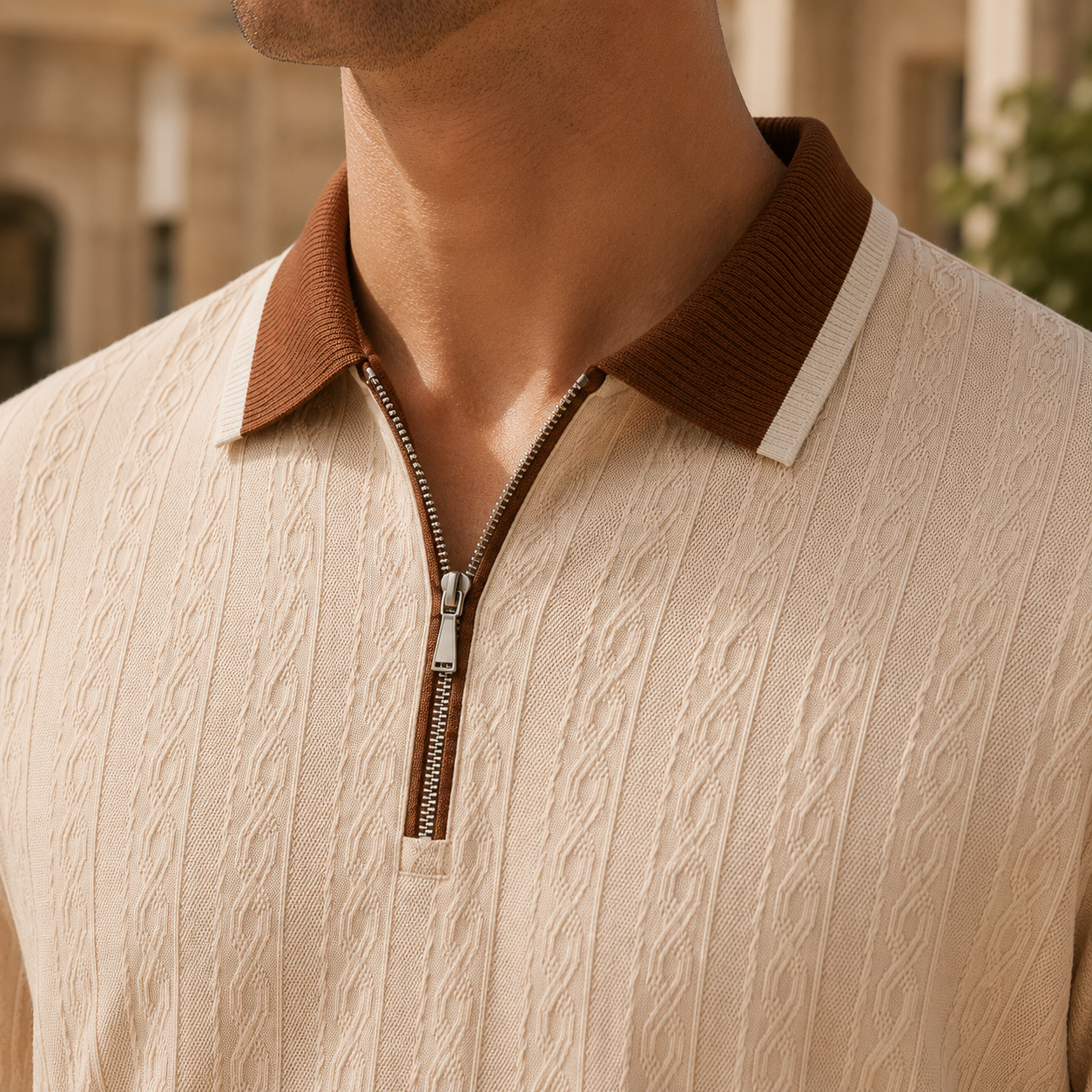 Close-up of the polo shirt's textured fabric