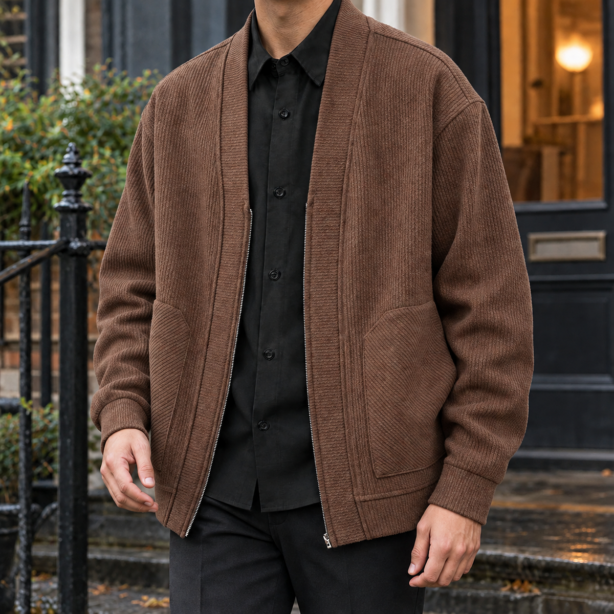 Ribbed knit zip front jacket styled as a versatile everyday layer
