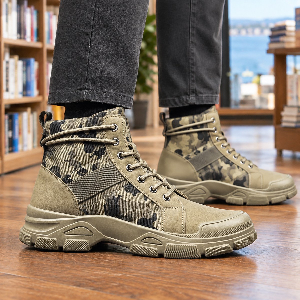 Pair of camouflage lace up boots showing the ankle height and sturdy construction