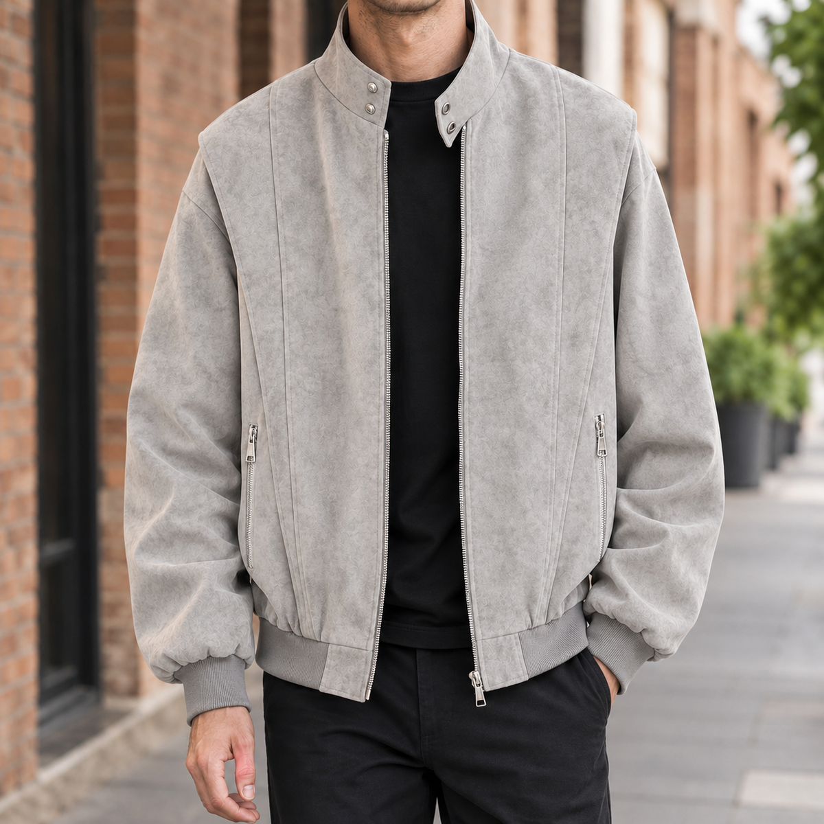 Men's stand collar casual jacket shown from the back with long sleeves