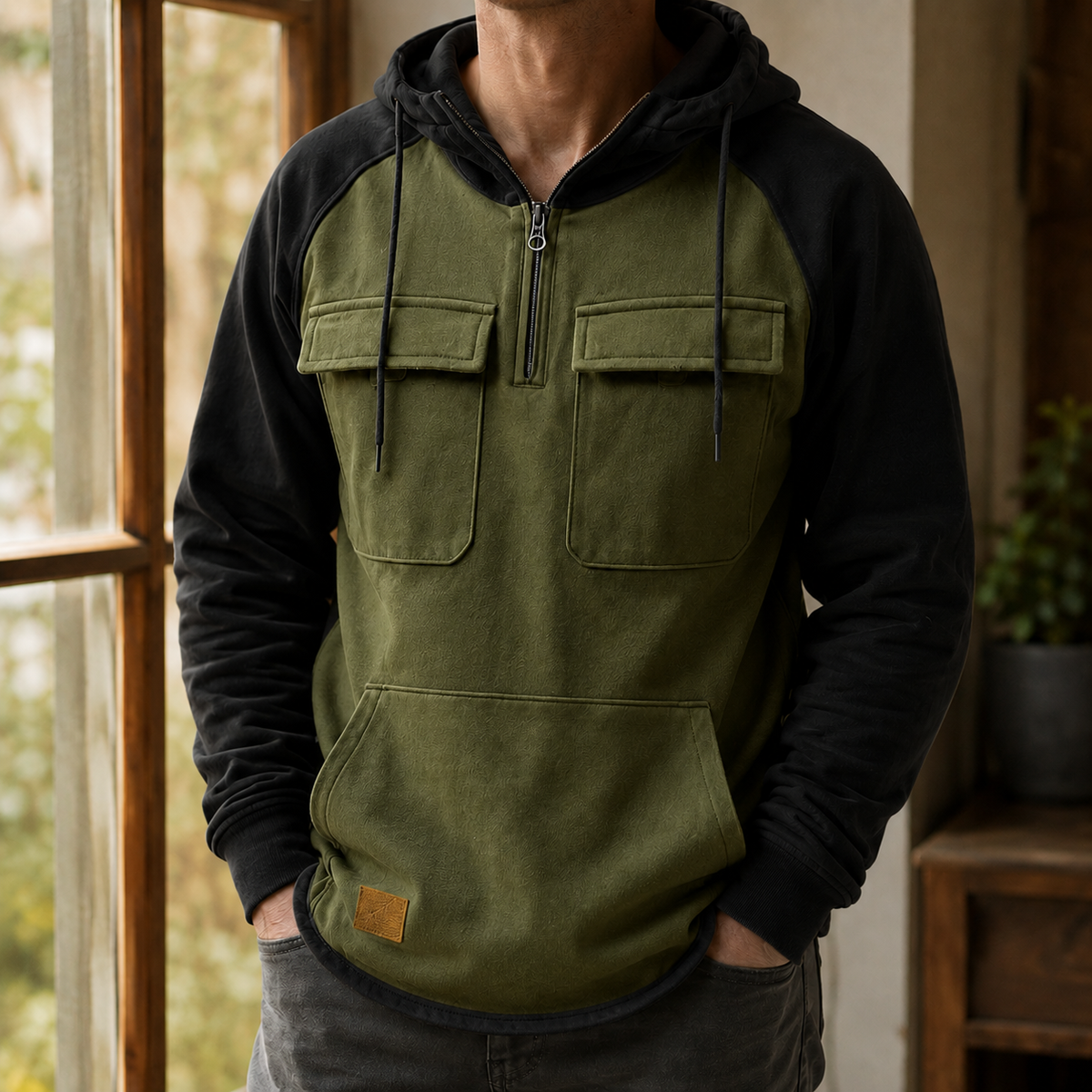 Close-up of the gray cotton blend hoodie fabric