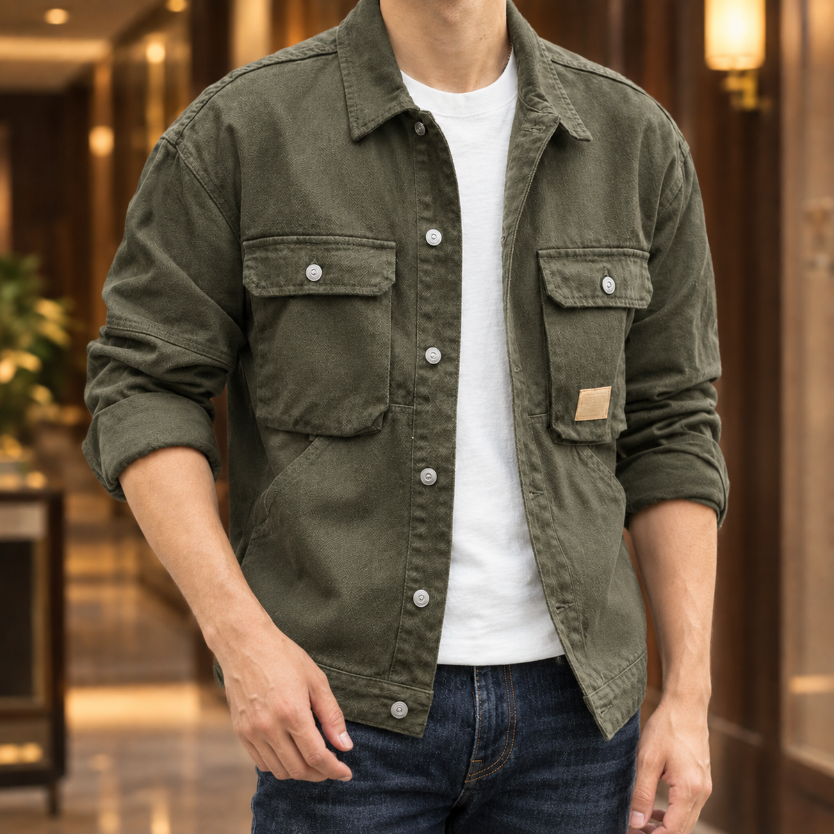 Close-up of the four practical patch pockets on a utility denim jacket