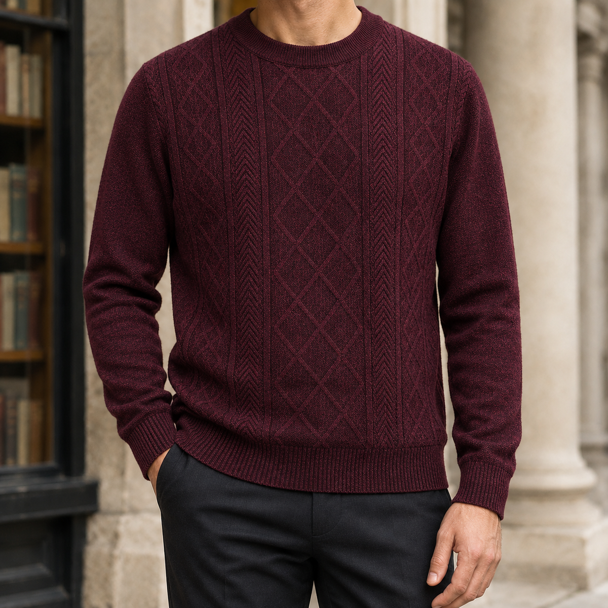 Crew neck and shoulder detail on the textured knit sweater