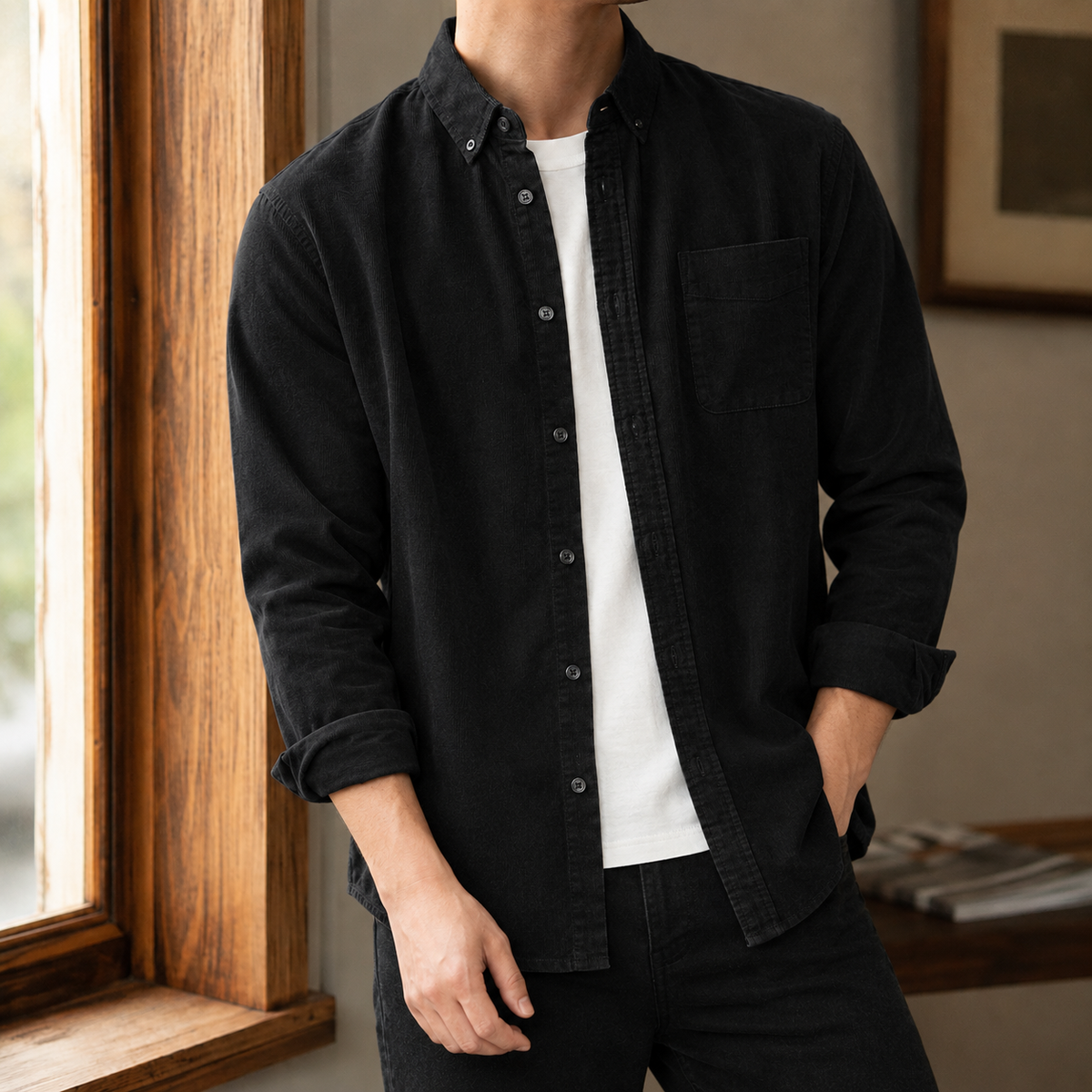 Close-up view showing the overshirt's textured woven fabric