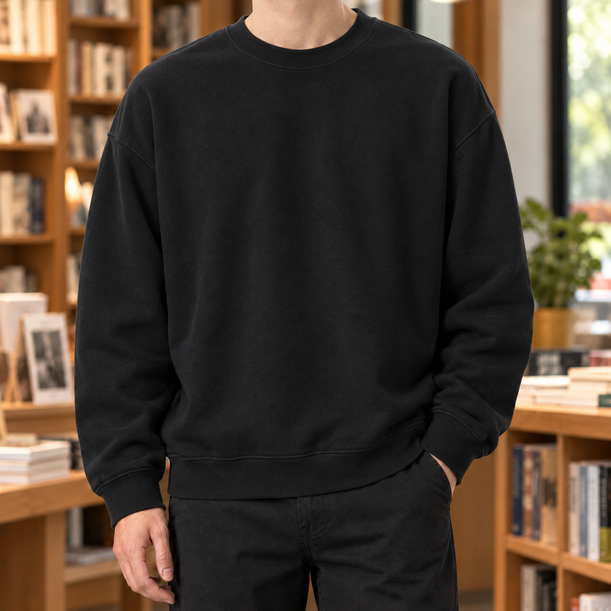 Close-up of the crew neck and cotton blend knit texture