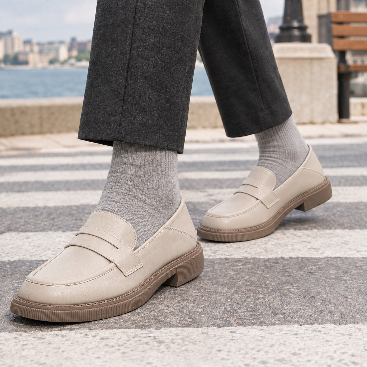 Slip On Loafers Leather Look Penny Strap Low Heel