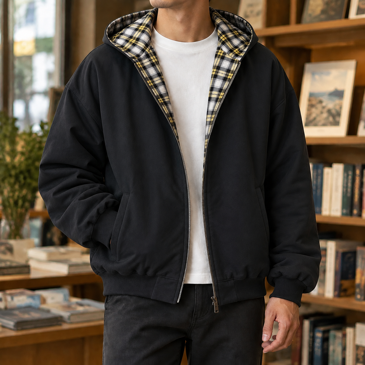 Reversible Plaid Hooded Jacket