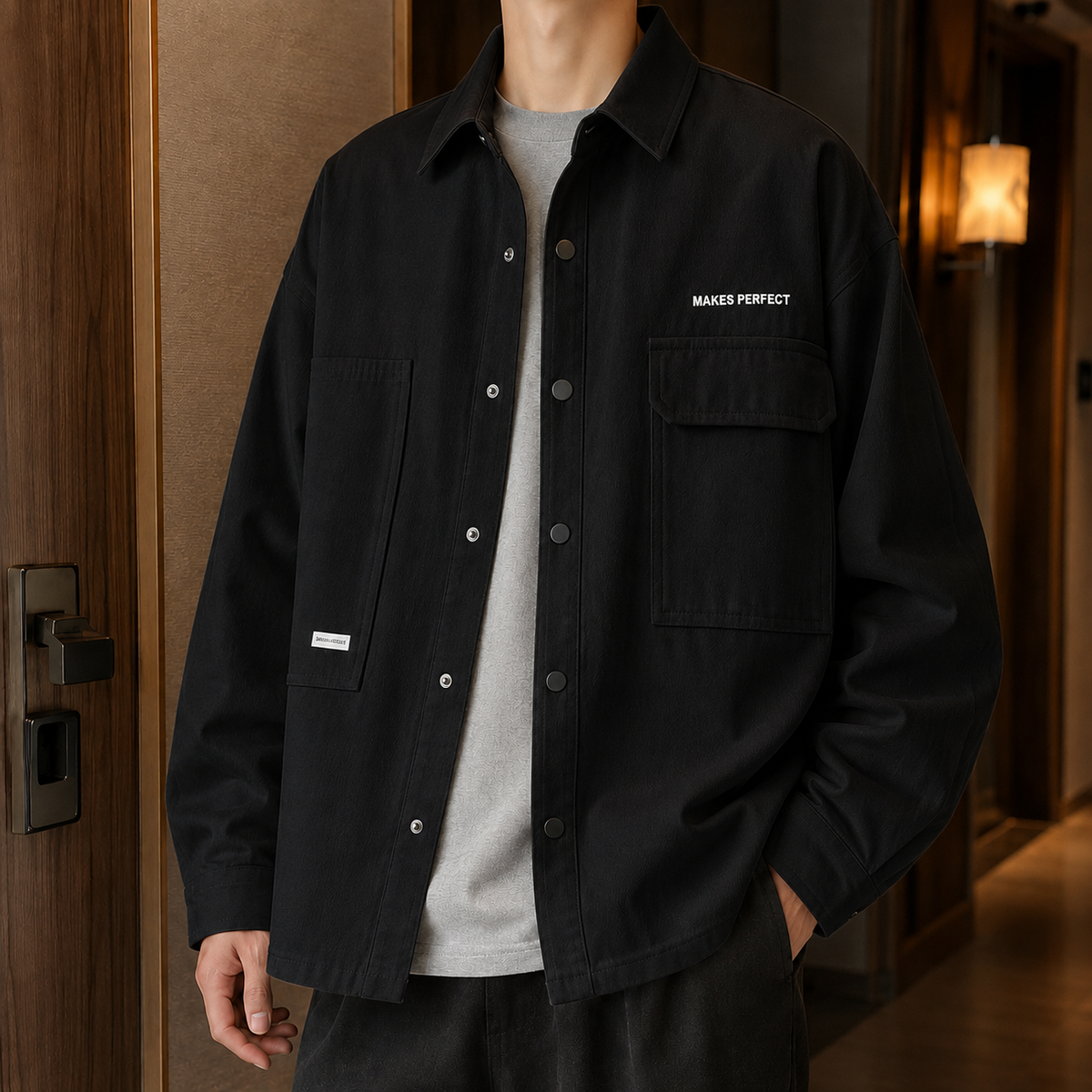 Close-up of the cotton blend utility jacket's structured fabric and pocket details
