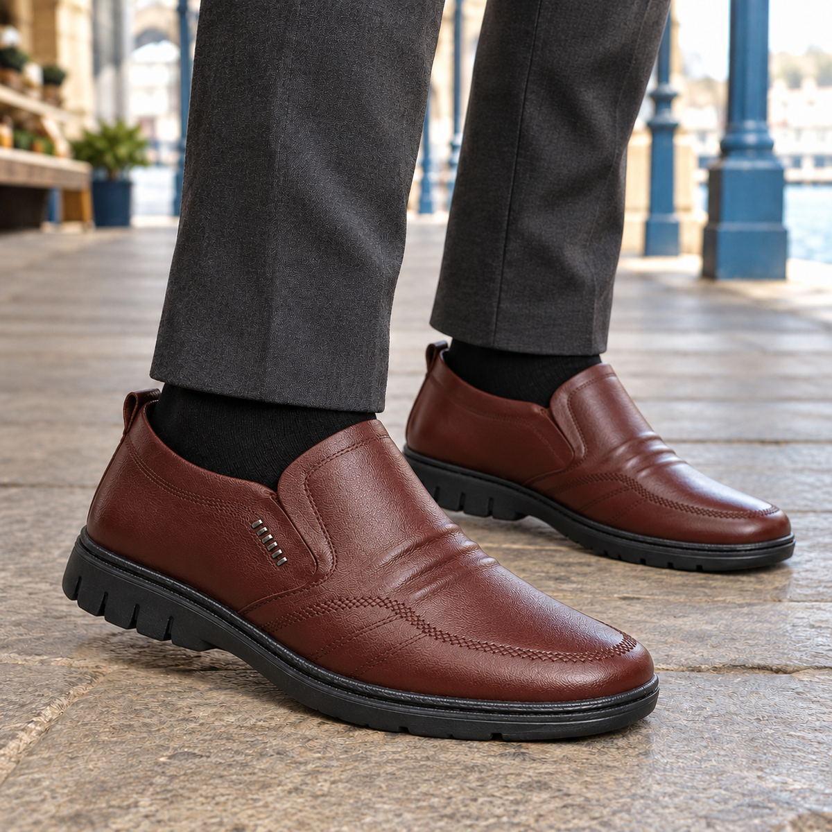 Close-up of the apron toe and leather construction on a loafer