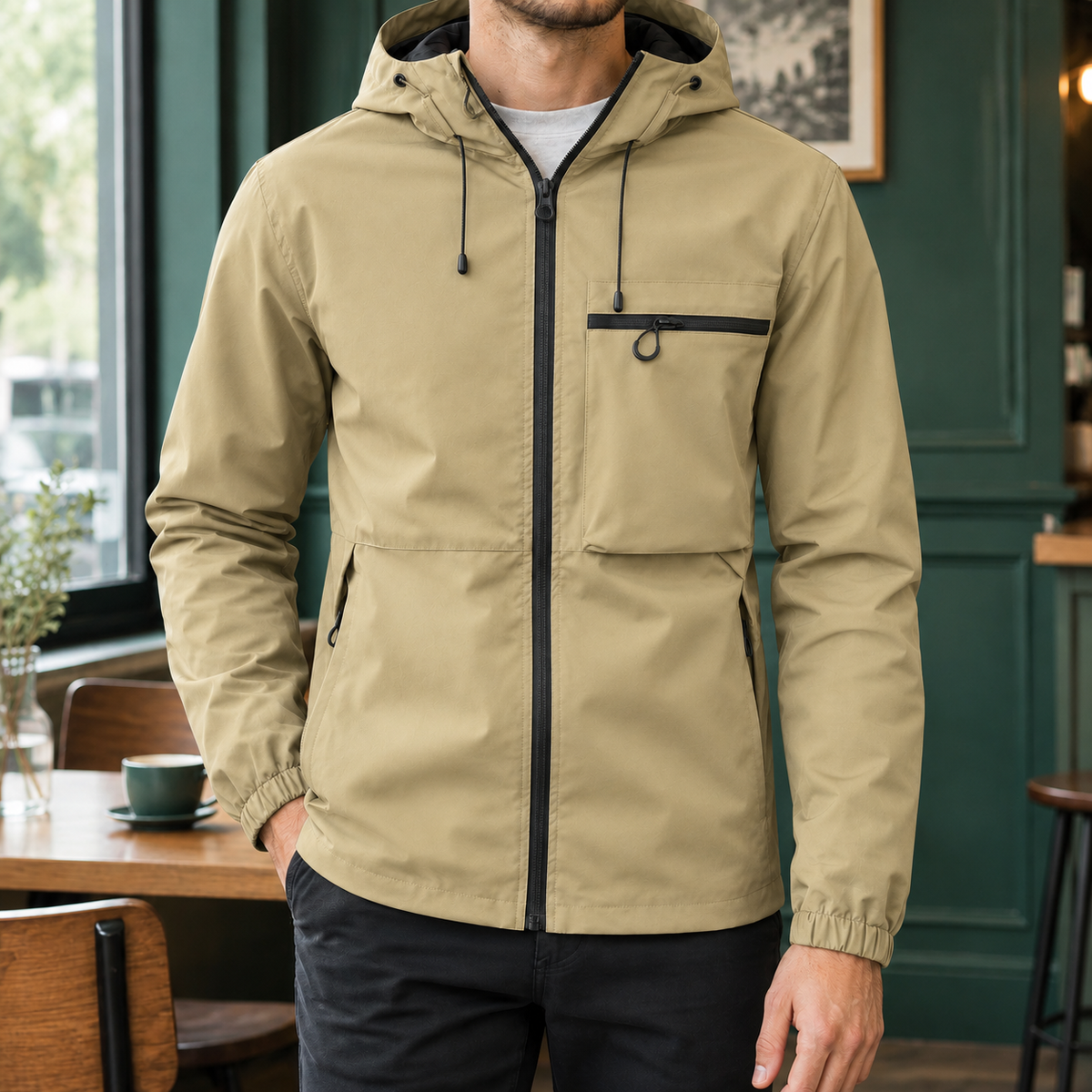 Side view of the hooded jacket showing its relaxed silhouette