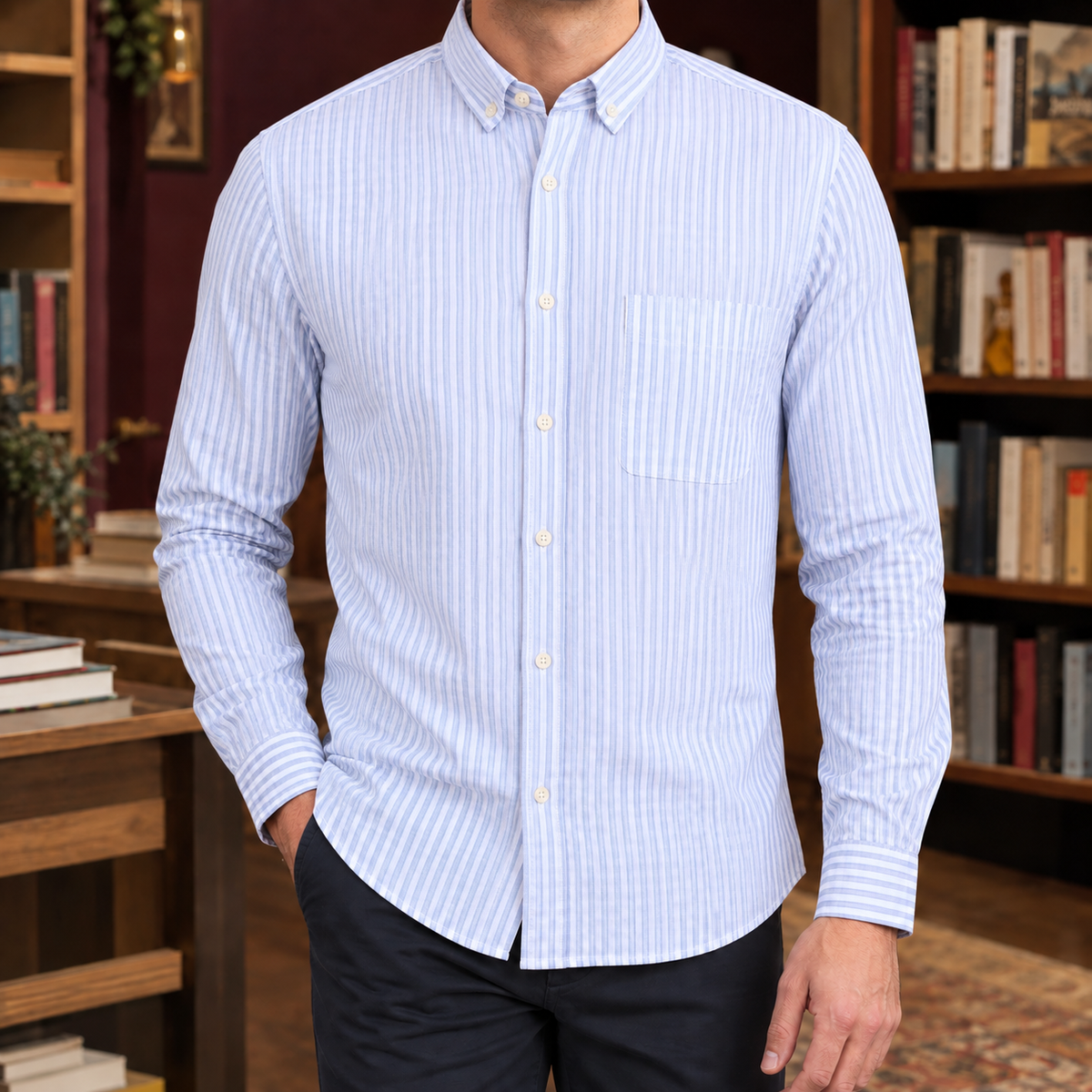Side view of the slim-fit gingham button-down shirt